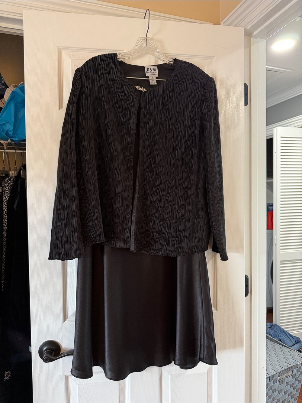 R&M Richards Black Pleated Jacket and Satin Skirt Set
